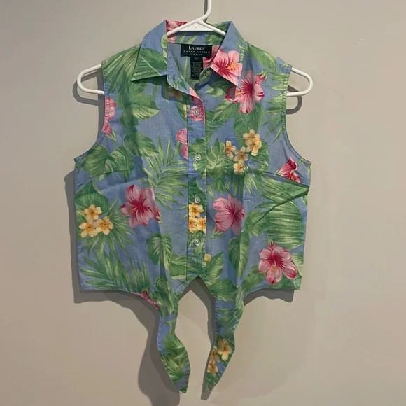 Vintage Lauren Ralph Lauren Front Tie Button Down Floral Hawaiian Shirt - Picture 2 of 10